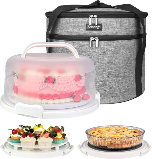 Round Cake Carrier Box with Lid and Handle, Transportation Insulated Bag for Cakes, Cupcakes and Pies, Triple Locking Design for Safe Transportation (Grey, 12 * 12 * 7.9 Inch)