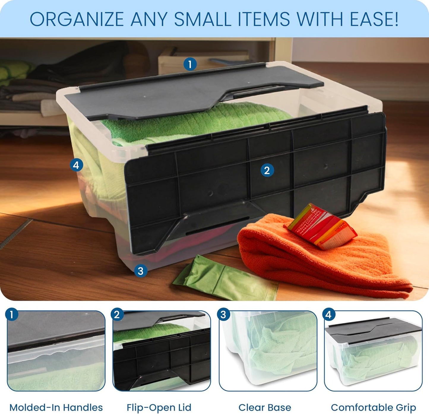 ORGANIZE-IT!, 6-Pack Flip-Top Tote 28 Qt, Storage Bin with a Clear Plastic Base, Black Lid, Stackable, 18" L X 12" W X 8" H