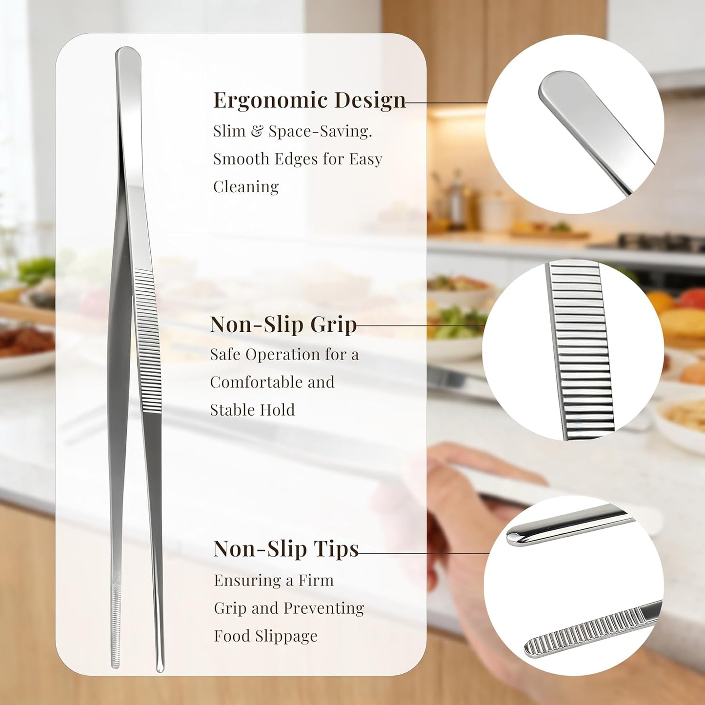 Stainless Steel Tweezers Tongs Set of 2, Kitchen Cooking Utensils, Straight and Bent Tip 11.8″ for Serving, Chef Tools