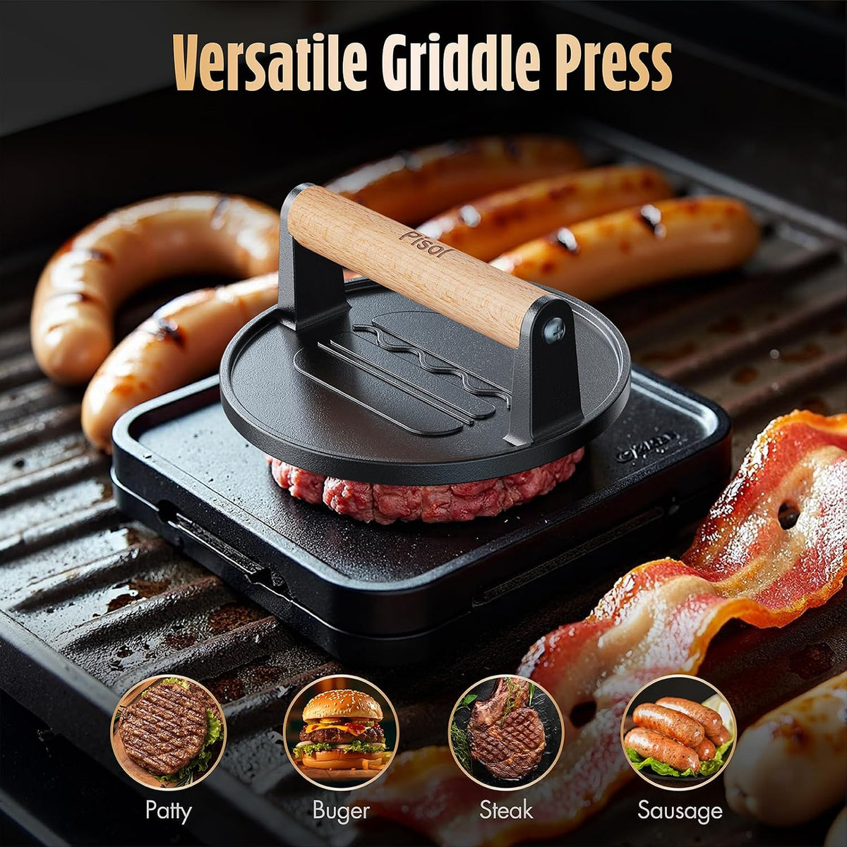 Pisol Smash Burger Press, Cast Iron Steak Weight Meat Patty Press Tool