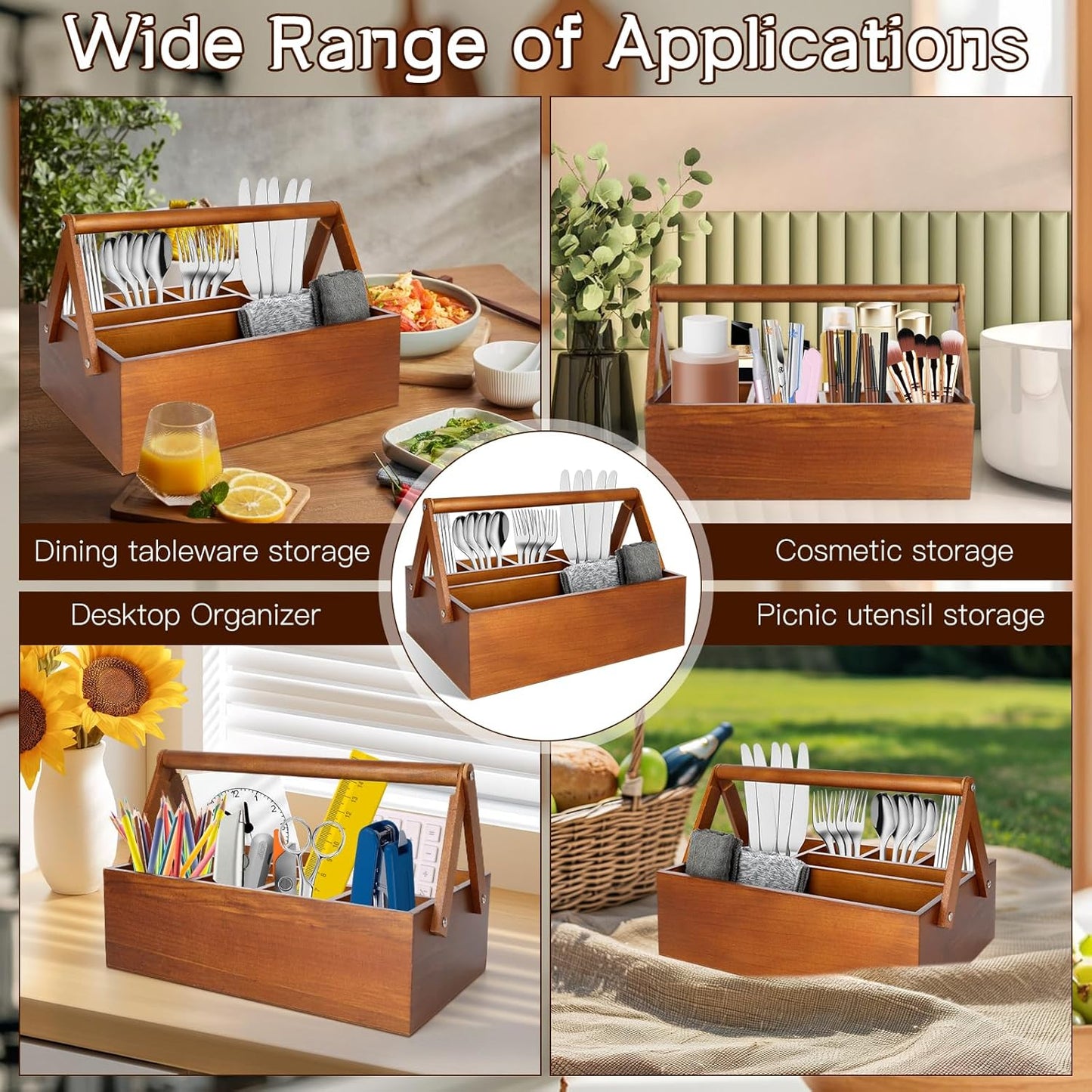 6 Compartments Paper Plate Organizer with Handle for Countertop, Wood Silverware Caddy for Cup, Napkin, Fork and Spoon, Dispenser Stand and Utensil Holder, Cutlery Caddy for Party, Camping, Picnic