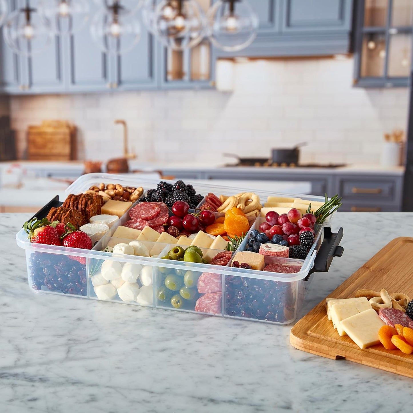 Farberware Small Build-a-Board Snacklebox with Locking Plastic Cutting Board Lid, Portable Charcuterie Storage with 7 Compartments