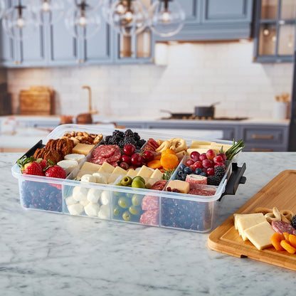 Farberware Small Build-a-Board Snacklebox with Locking Plastic Cutting Board Lid, Portable Charcuterie Storage with 7 Compartments