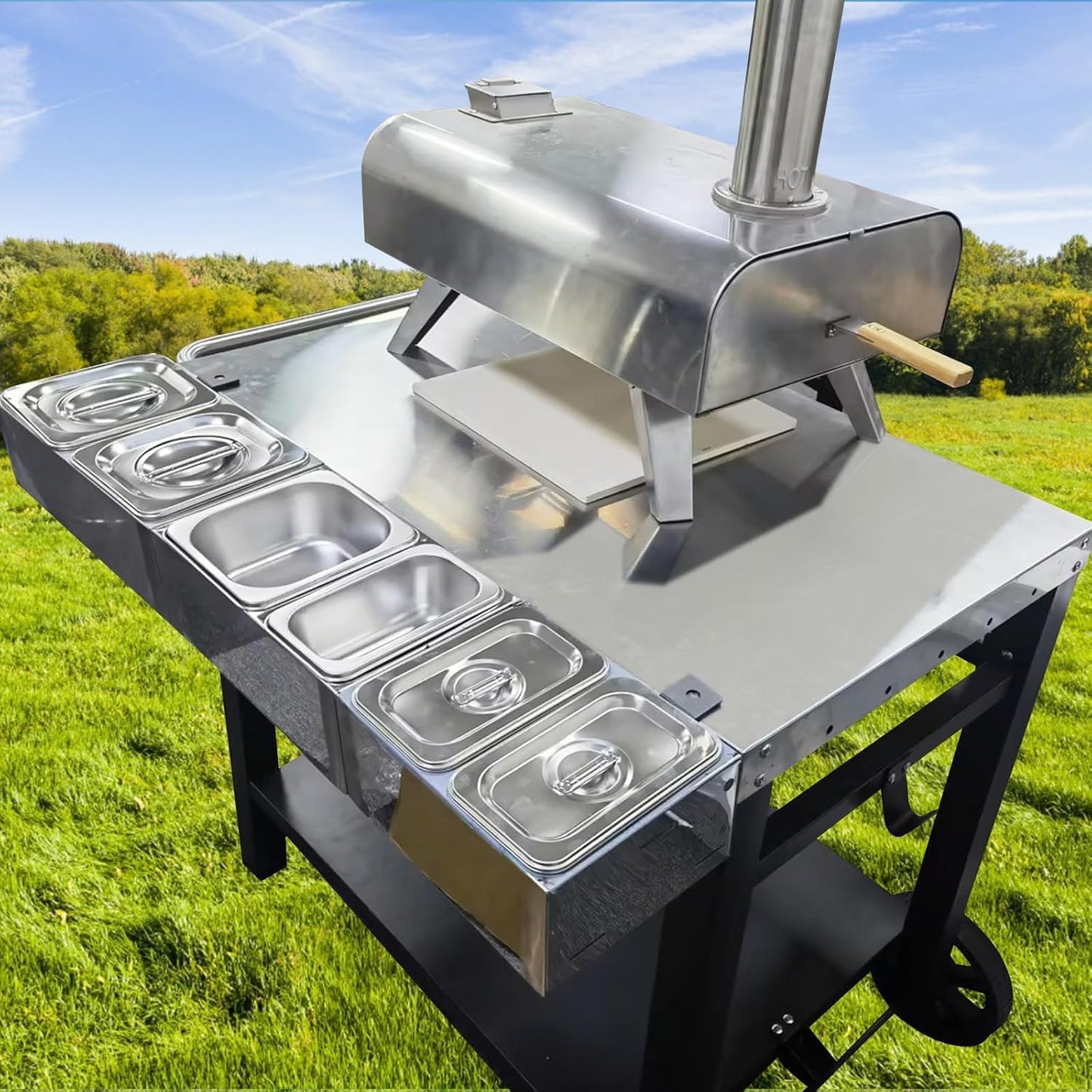 Pizza Topping Station for Pizza Oven Table, Stainless Steel Pizza Container with 6 Seasoning Containers with Lids, for Prepping Ingredients and Toppings, Oven Accessories Outdoor