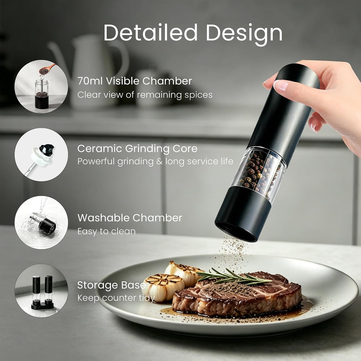USB Rechargeable Grinder Set With Storage Base, (Black)