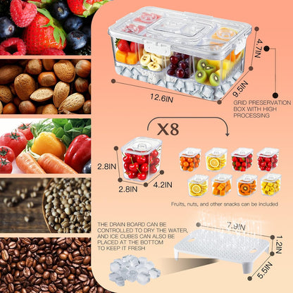 Chilled Snackle Box Container with Ice Tray - 8 Compartment Serving Tray with Lid & Handle, Leak-Proof & Odor-Free Snack Box, Portable Cold Food Platter for Picnic, Party, Travel, Road Trip