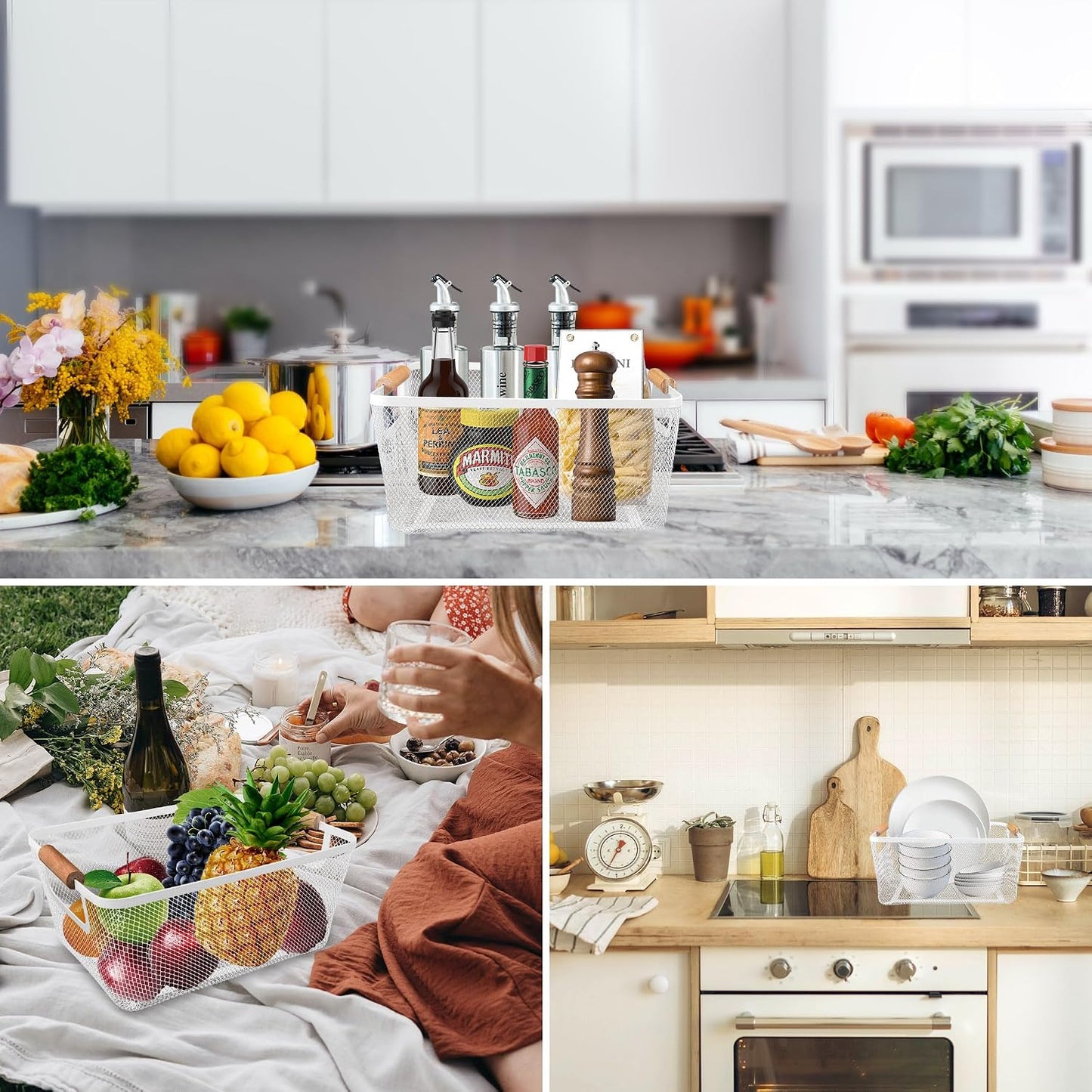 2Pack Metal Mesh Steel Basket with Bamboo Handle - Wire Metal Basket for Kitchen Organization, 12" Wide Food Organizer Bin, Perfect for Organizing Bulk Pantry (WHITE)