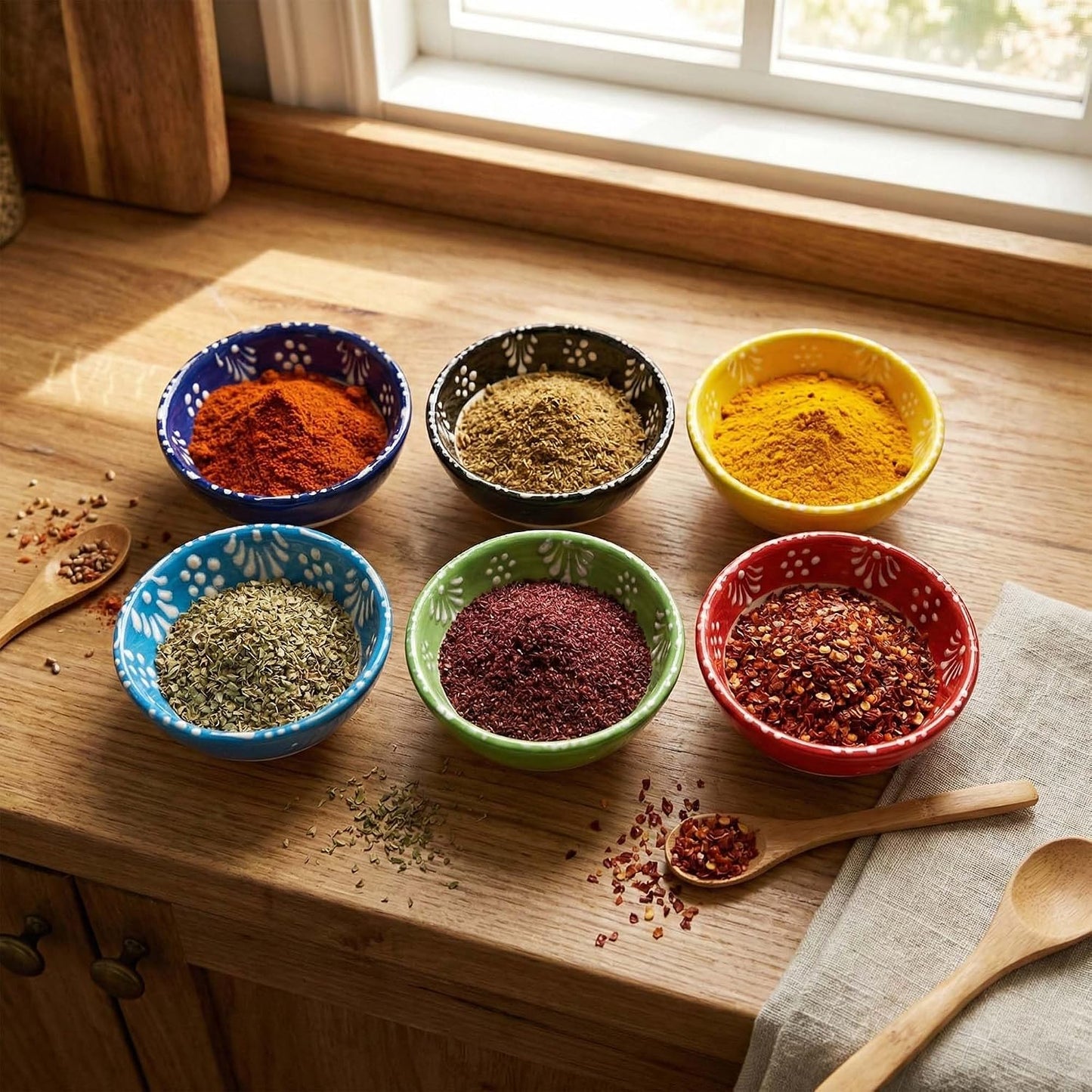 Ceramic Small Dipping Bowls Set of 6, 3.5 Oz Soy Sauce Dish, Handmade Charcuterie, Colorful Pinch, Dishwasher & Microwave Safe, 3.2'' Mini (SULTAN'S GARDEN)
