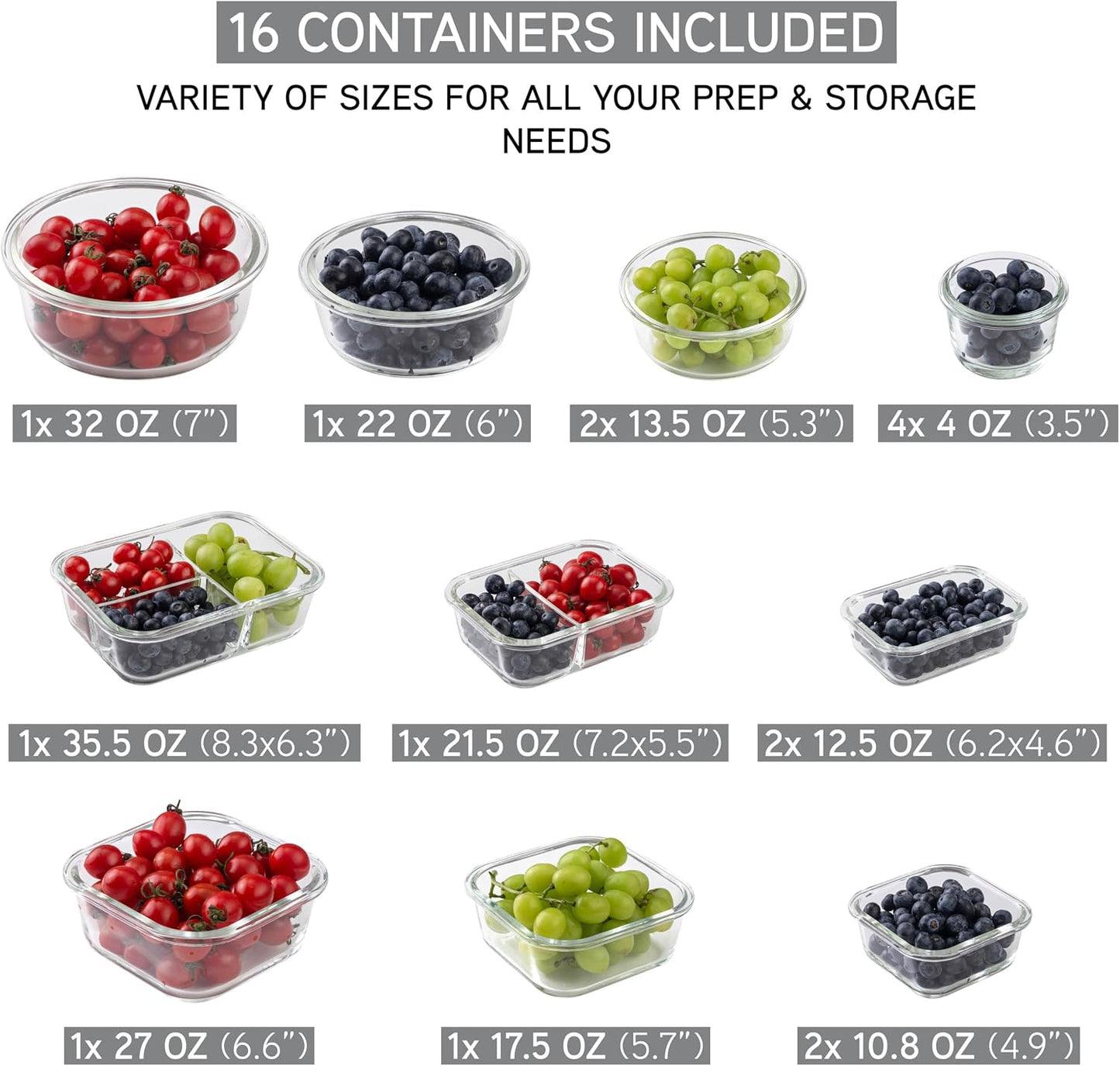 COOK WITH COLOR Premium 32-Pc. Borosilicate Glass Food Container Set with Dividers - 4 Rectangles, 8 Rounds, 4 Squares - Leakproof Lids - Meal Prep, Storage, Grey