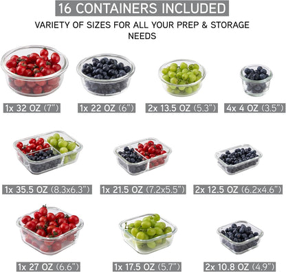 COOK WITH COLOR Premium 32-Pc. Borosilicate Glass Food Container Set with Dividers - 4 Rectangles, 8 Rounds, 4 Squares - Leakproof Lids - Meal Prep, Storage, Grey