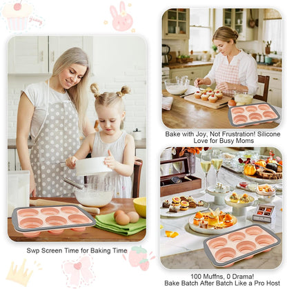 Silicone Muffin Pans for Baking with Metal Frame, 6 Cup Silicone Muffin Pan, Nonstick Cupcake Pan, BPA Free Muffin Tins Easy to Pop Cupcake Baking Pan Molds for Oven Dishwasher Safe Pink
