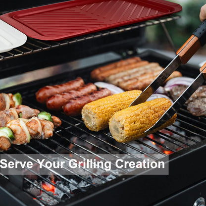 KAQAHIDO Grilling Prep and Serve Trays, BBQ Platter for Raw Meat Marinating and Finished Cooked Food, Melamine Serving Tray, Set of 2, Cleaning Pack Included