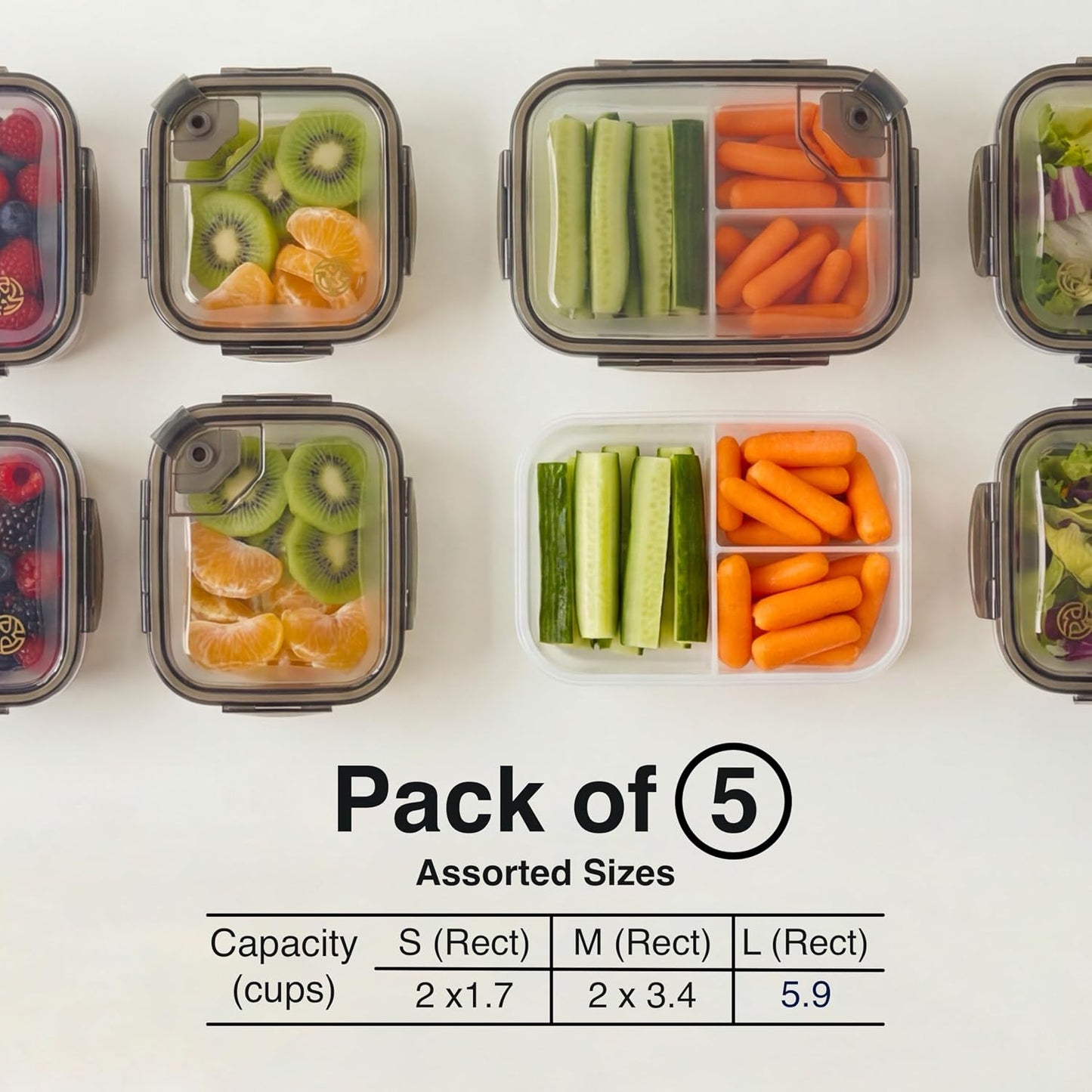 Compartmentalized Plastic Airtight Food Storage Containers with Vented Lids, 3-Compartment Design, BPA-Free, 5-Pack (5.5 Cups Each) for Meal Prep and Portion Control