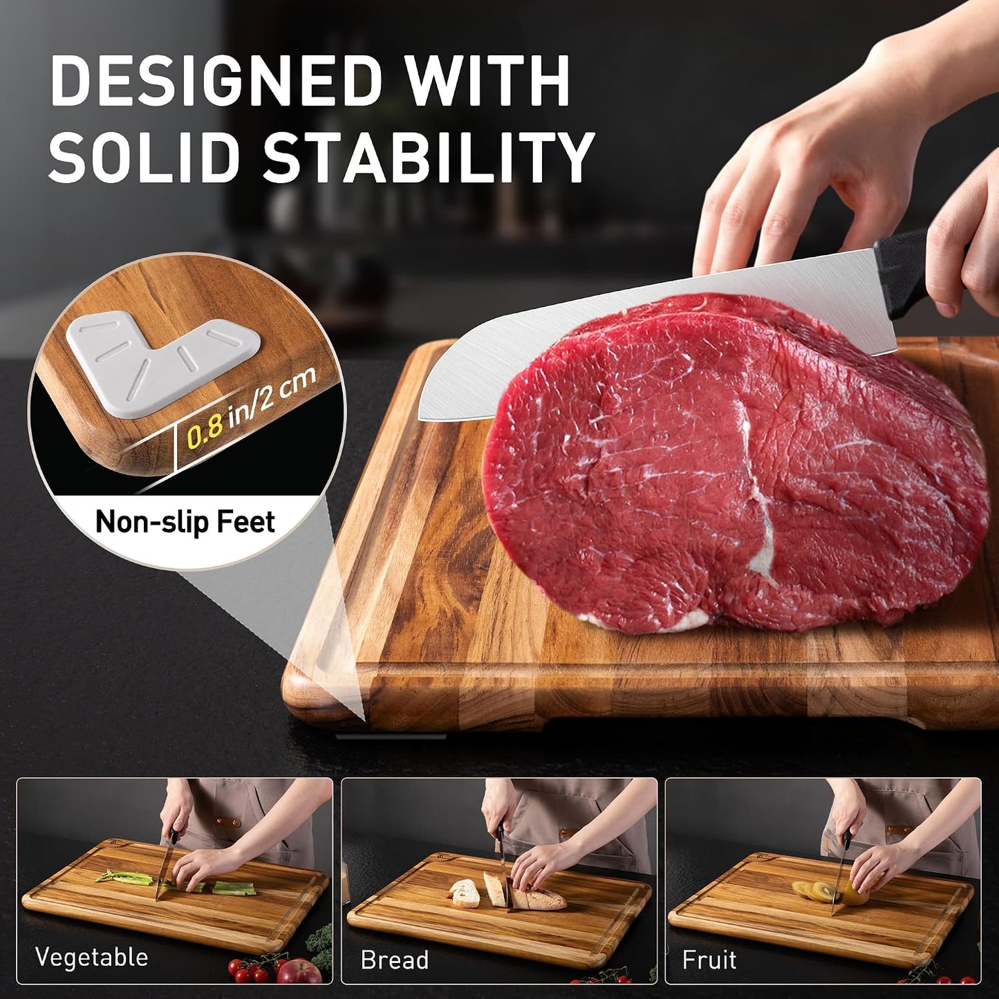 4 Pack Teak Wood Cutting Board Set for Kitchen Heavy Duty Non Toxic Non Slip Solid Thick Wood Haus Chopping Board Extra Large Big Small Meat Best Essential House Warming Hostess Host Gift