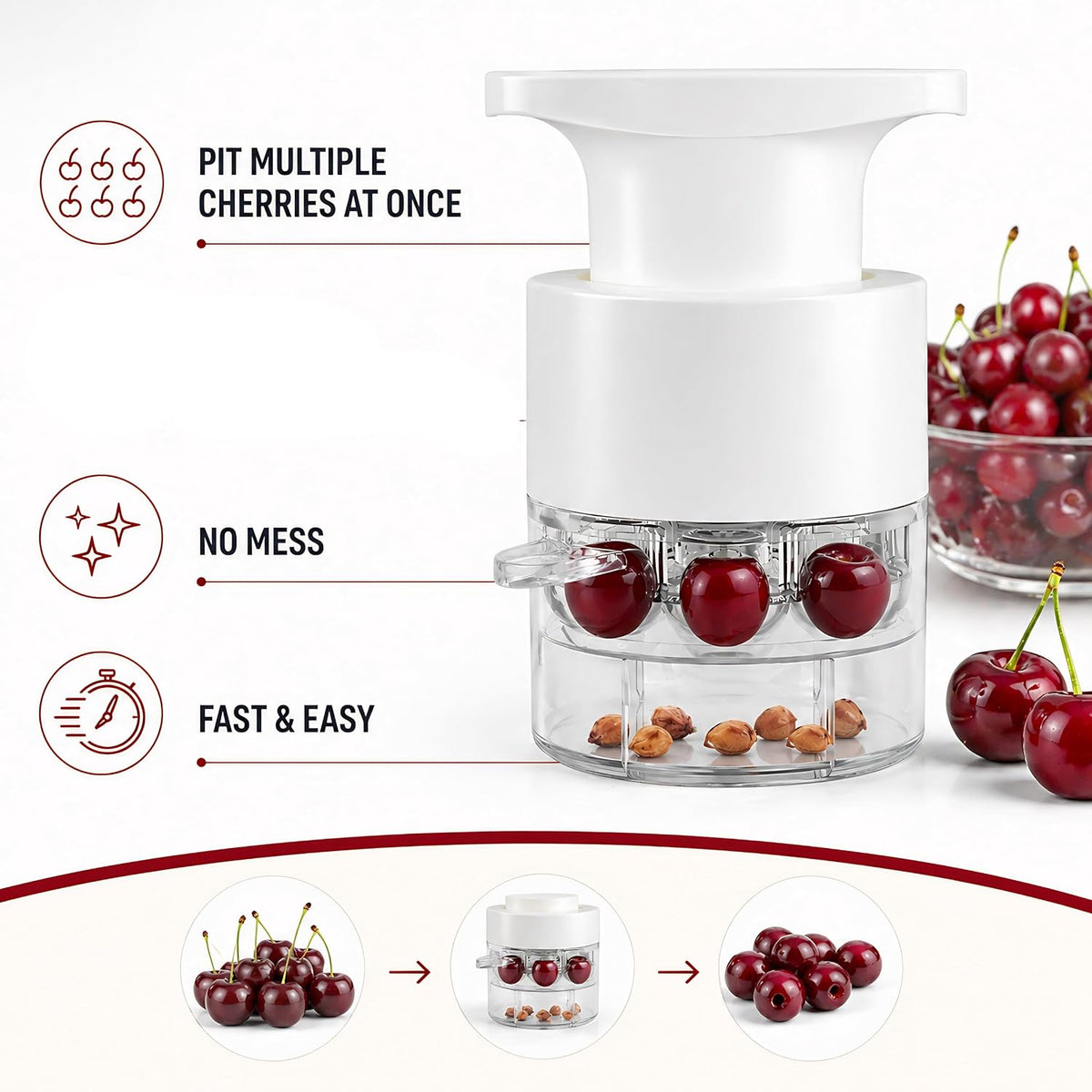 Cherry Pitter Tool, 7 Cherries at Once Pit Remover with Catcher, White