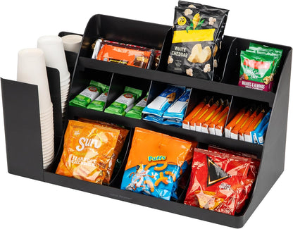 Mind Reader Cup and Condiment Station, Breakroom Countertop Organizer, 3-Tier Storage for Office Coffee Stations and Shared Spaces, Metal Mesh, Black
