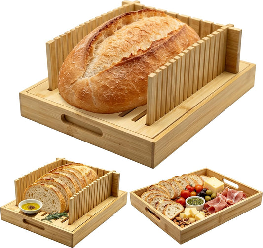 11" Bamboo Bread Slicer for Homemade Bread, with Crumb Catcher Tray
