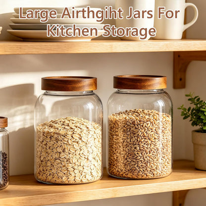 KEYWING 88oz Large Glass Jars with Airtight Acacia Wood Lids, Set of 3 Food Storage Containers for Flour, Sugar, Rice, Pasta, Cereal, Cookies – Includes 126 Labels