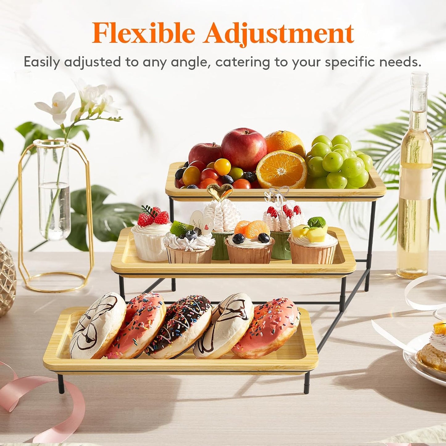 Lifewit 3 Tier Bamboo Serving Tray for Party Supplies, 30 x 17 cm/12" x 6.5" Platters for Serving Food, Reusable Trays with Gold Metal Display Stand for Veggie, Fruit, Cookies, Dessert