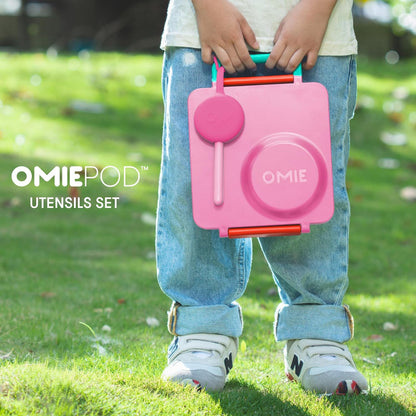 Omie OmieBox Kids Utensils Set with Case - 2 Piece Plastic, Reusable Fork and Spoon Silverware with Pod for Kids (Mint Green)