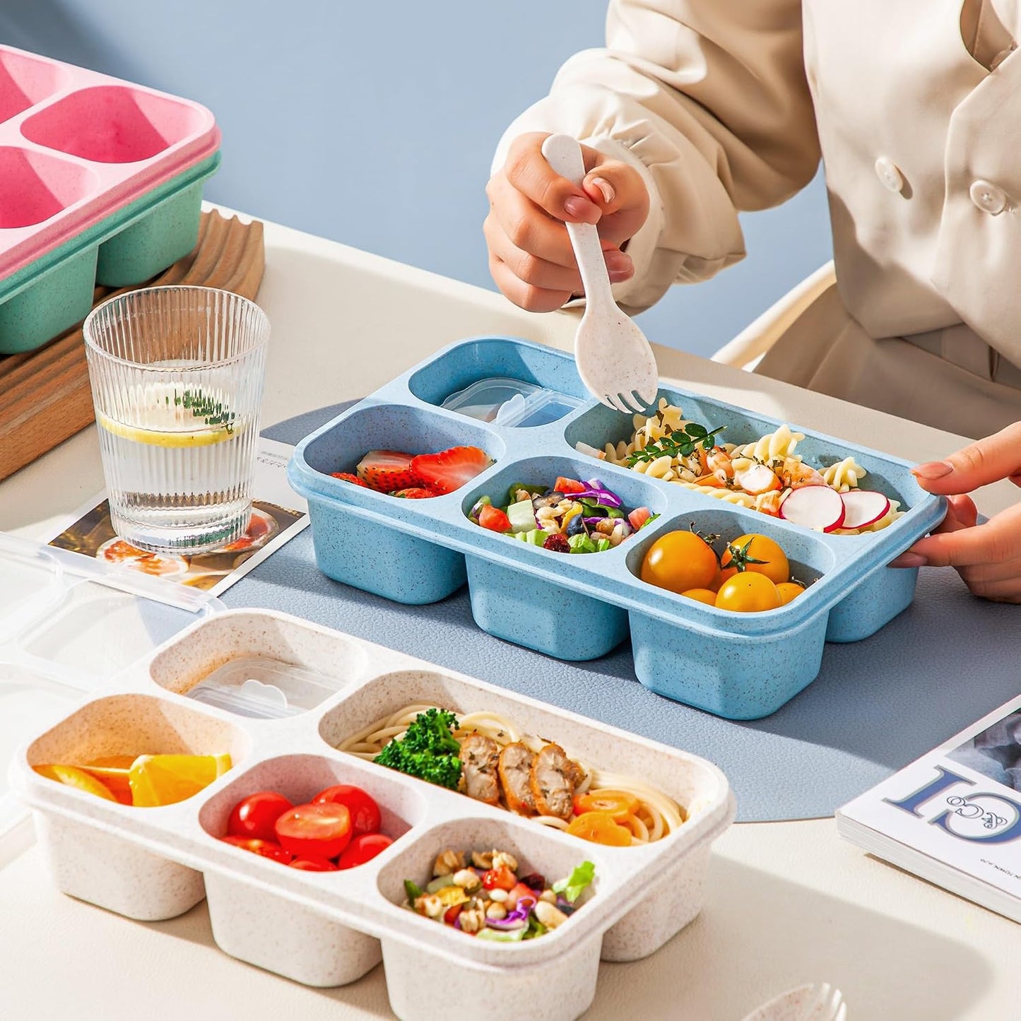 Bento Box Adult, 4 Pack 5 Compartments Meal Prep Container Reusable Food Storage Lunchable Containers with Sauce Containers, Snack Boxes For Adults Bento Box For Kids