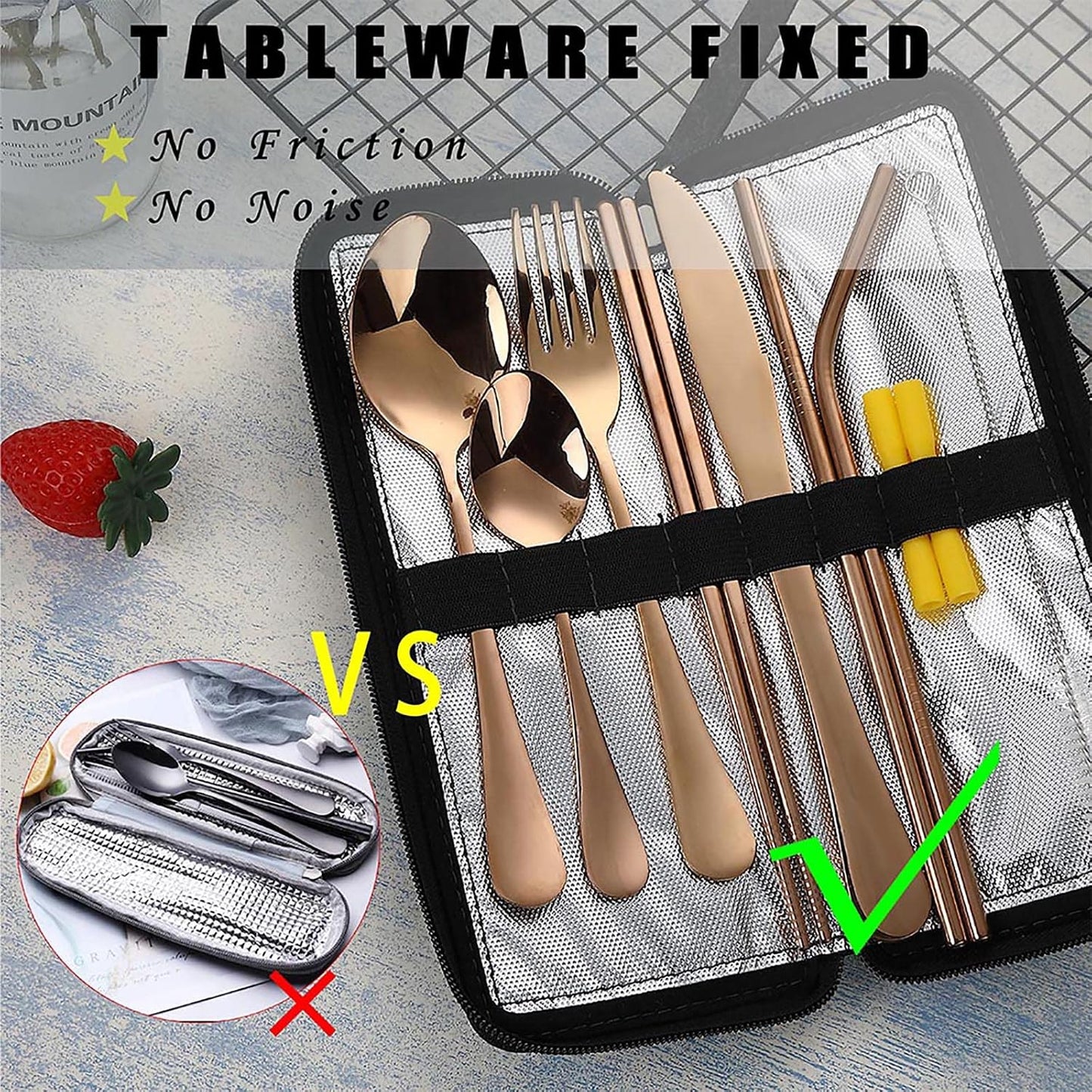 VANDBAO Camping Utensils Set, Portable Travel Utensils with Case for Fixing Tableware, Reusable Stainless Steel Stable Cutlery Set, Lunch Picnic Flatware Silverware (Rainbow Set)