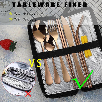 VANDBAO Camping Utensils Set, Portable Travel Utensils with Case for Fixing Tableware, Reusable Stainless Steel Stable Cutlery Set, Lunch Picnic Flatware Silverware (Rainbow Set)