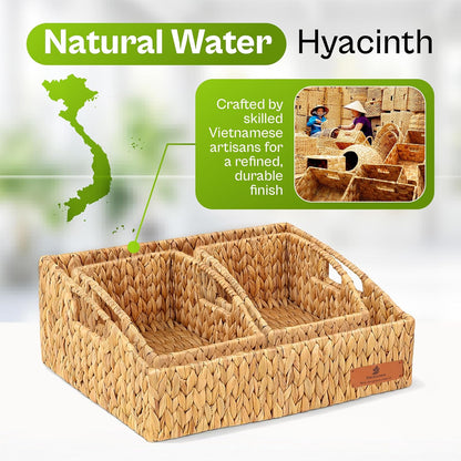 Storage Baskets for Shelves Set of 3, Open-Top Wicker Baskets with Handles, Shelf Organizer Baskets for Pantry, Closet & Bathroom, Water Hyacinth Storage Baskets with Tissue Box Cover