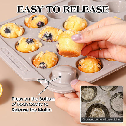 2 Pcs Silicone Muffin Pans for Baking with Metal Reinforced Frame, Nonstick Cupcake Tray for Oven, 12 Cups Regular Size Silicone Molds for Egg Bites, Dishwasher Safe (Brown, Cream)