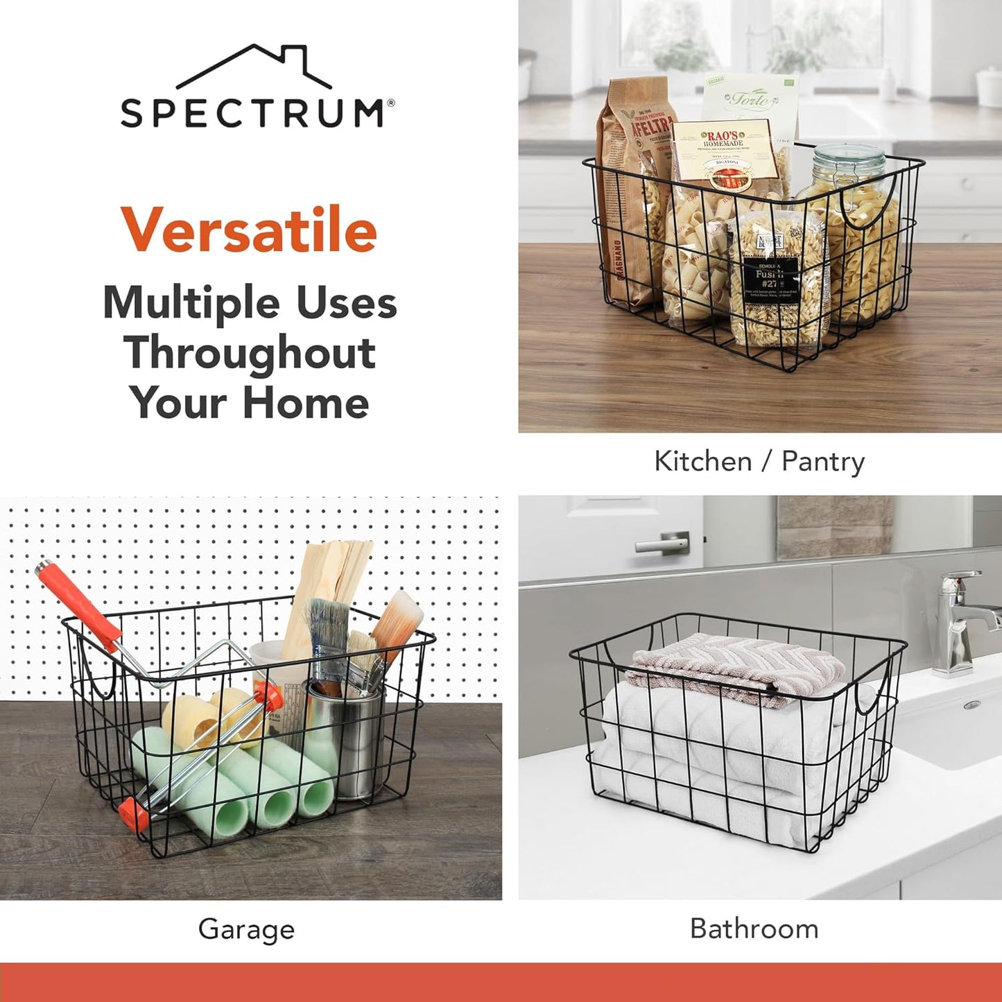 Spectrum Utility Steel Wire Storage Basket for Kitchen Pantry Organization & Closet Shelves with Easy Grip Handles, Durable Metal Basket Organizer with Open Design for Easy Viewing, Industrial Gray