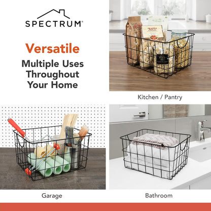 Spectrum Utility Steel Wire Storage Basket for Kitchen Pantry Organization & Closet Shelves with Easy Grip Handles, Durable Metal Basket Organizer with Open Design for Easy Viewing, Industrial Gray