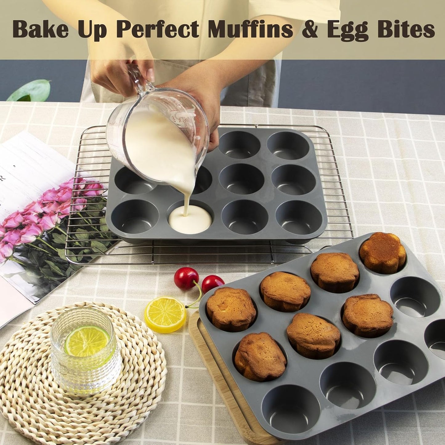 24 Cups Silicone Mini Muffin Pan Set, Nonstick Mini Cupcake Pans, BPA Free Small Muffin Tin for Baking, Set of 2 (Green+Purple)