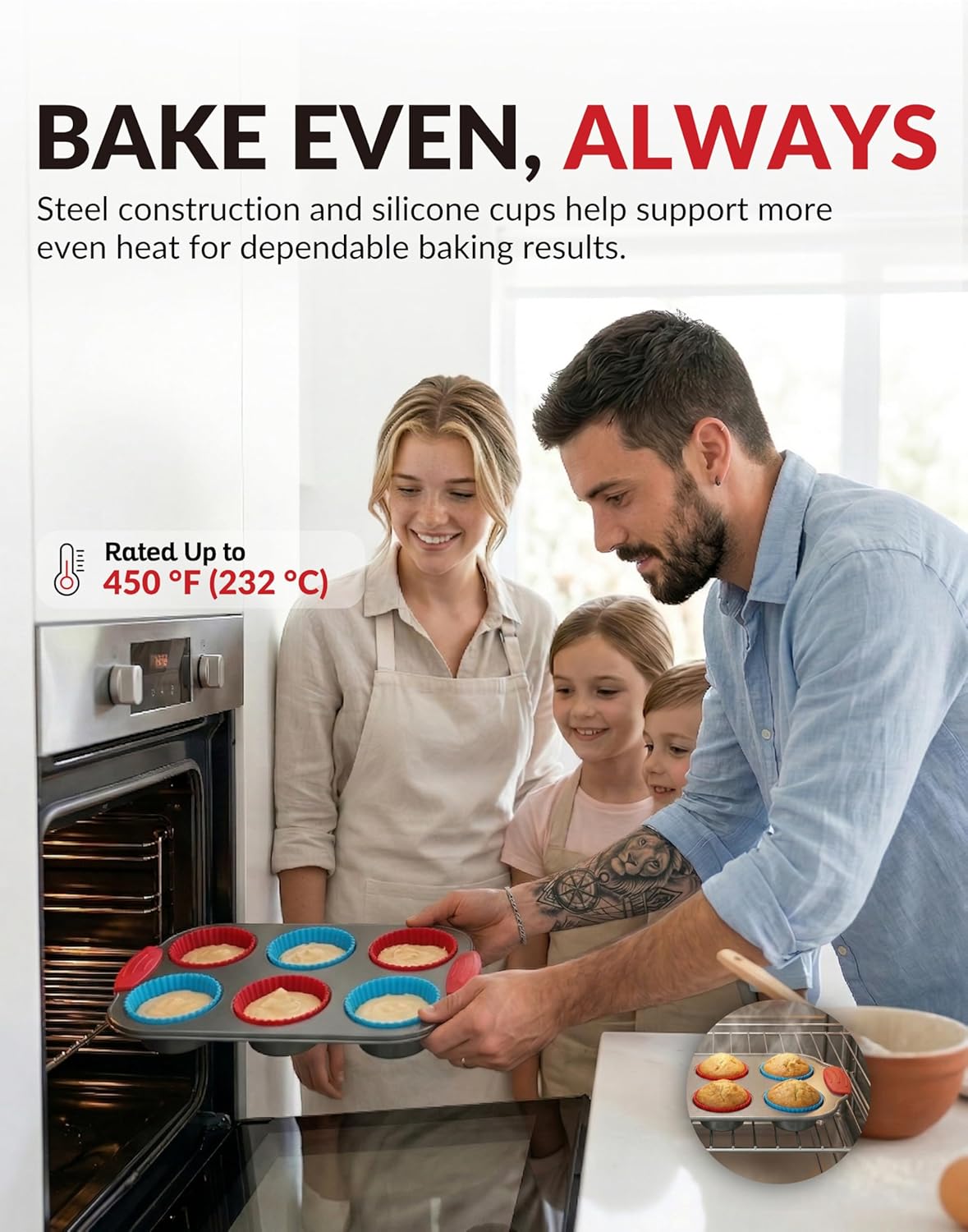 Boxiki Kitchen Non-Stick 12 Cup Silicone Muffin Pan with Steel Frame - BPA Free, Non-Toxic, Anti-Warp, Durable & Easy to Pop Silicone Muffin Tin - Perfect Cupcake Pan