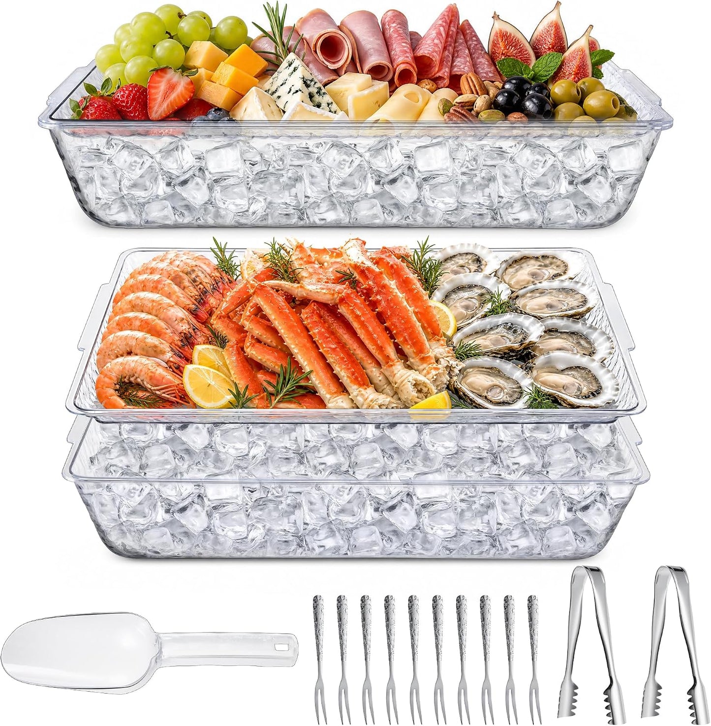 2 Pack Chilled Serving Tray with Ice Chamber, Clear PET Appetizer Platter Set with Stainless Steel Tongs, Fruit Forks & Ice Scoop, Cold Food Tray for Seafood, Fruit, BBQ & Pool Parties