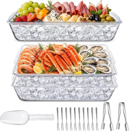 2 Pack Chilled Serving Tray with Ice Chamber, Clear PET Appetizer Platter Set with Stainless Steel Tongs, Fruit Forks & Ice Scoop, Cold Food Tray for Seafood, Fruit, BBQ & Pool Parties