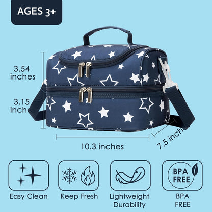 Insulated Kids Dual Compartment Lunch Bags Tote Pack for Girls Boys Toddler Kindergarten School Picnic Cooler Thermal Lunch Boxes with Strap (Green Rainbow)