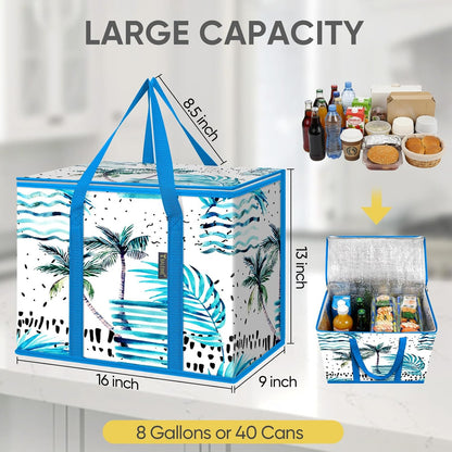 BALEINE 2Pk Insulated Reusable Grocery Bags, Collapsible Cooler Bag for Groceries, Heavy Duty Large Insulated Bag (16''x9''x13'', Antique Foliage)