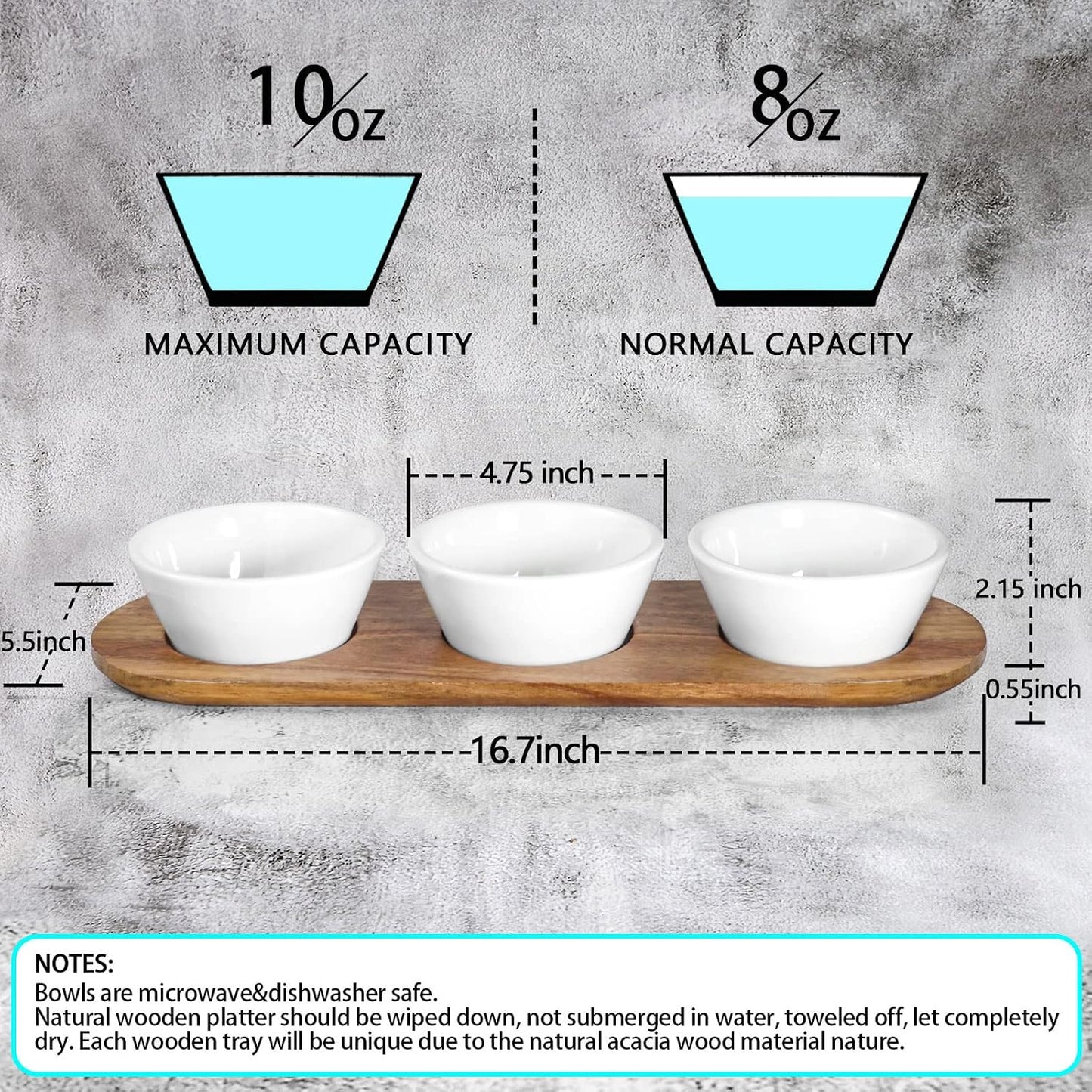 Artena 6oz Turquoise Solid Ceramic Chips and Dip Serving Platter with Acacia Wooden Tray, 4.5inch Glazing Small Serving Bowls/Dipping Dishes for Condiments,Side Dishes, Dipping, Pre, Dessert, Salsa