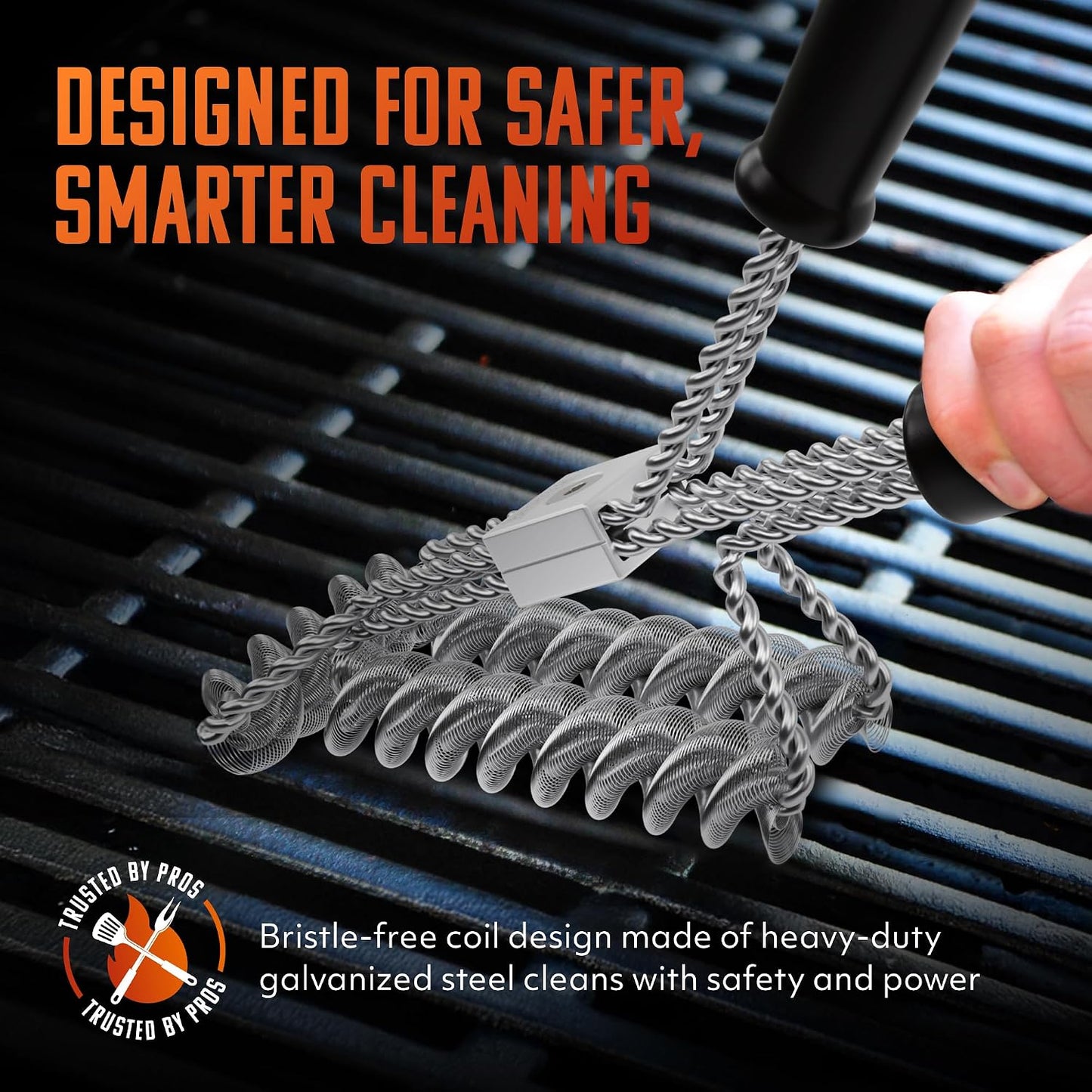 Brushtech Double Helix Grill Brush, 16″ Flat BBQ Grill Cleaner - Bristle‑Free Coil Springs Clean Tops & Sides - Stainless Steel, Long Reach Handle, Heavy‑Duty BBQ Tool for Gas & Charcoal Grates