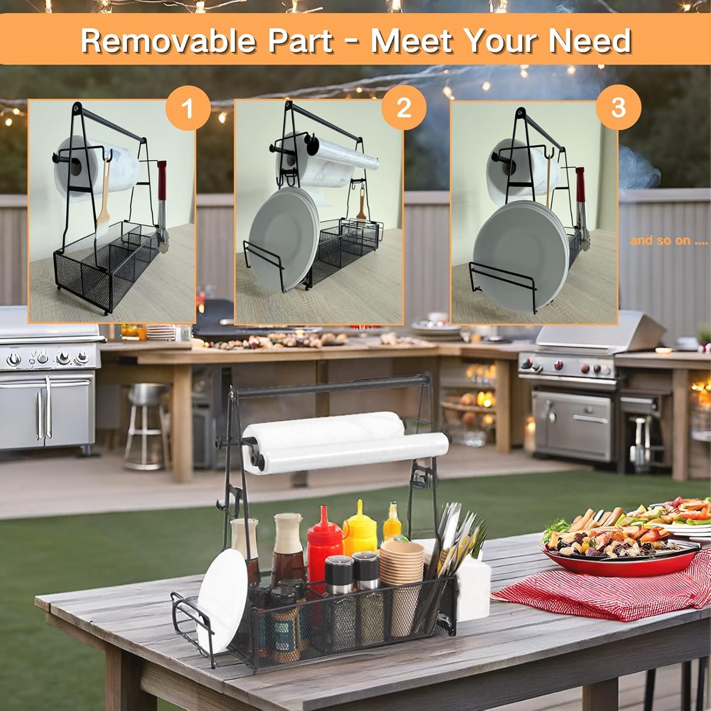 Grill Caddy, BBQ Caddy with Paper Towel Holder and 2 Hooks, Grill Utensil Organizer for Camping Outdoor Barbecue Accessories Organizer, Grilling Gifts for Men