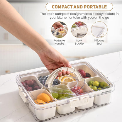 Divided Serving Tray with Lid Veggie Tray with Lid and Handle, Multi-Purpose Snackle Box Container for Charcuterie, Taco Tuesday, Movie Night, Travel, Beach, or Picnic Essentials (8 Compartments)