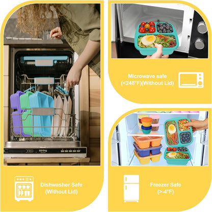Bento Box For Kids, 4 Pack 3 Compartments Lunchable Meal Prep Containers Lunch Containers, Reusable Snack Containers with Lids, Snack Boxes for School, Work, and Travel