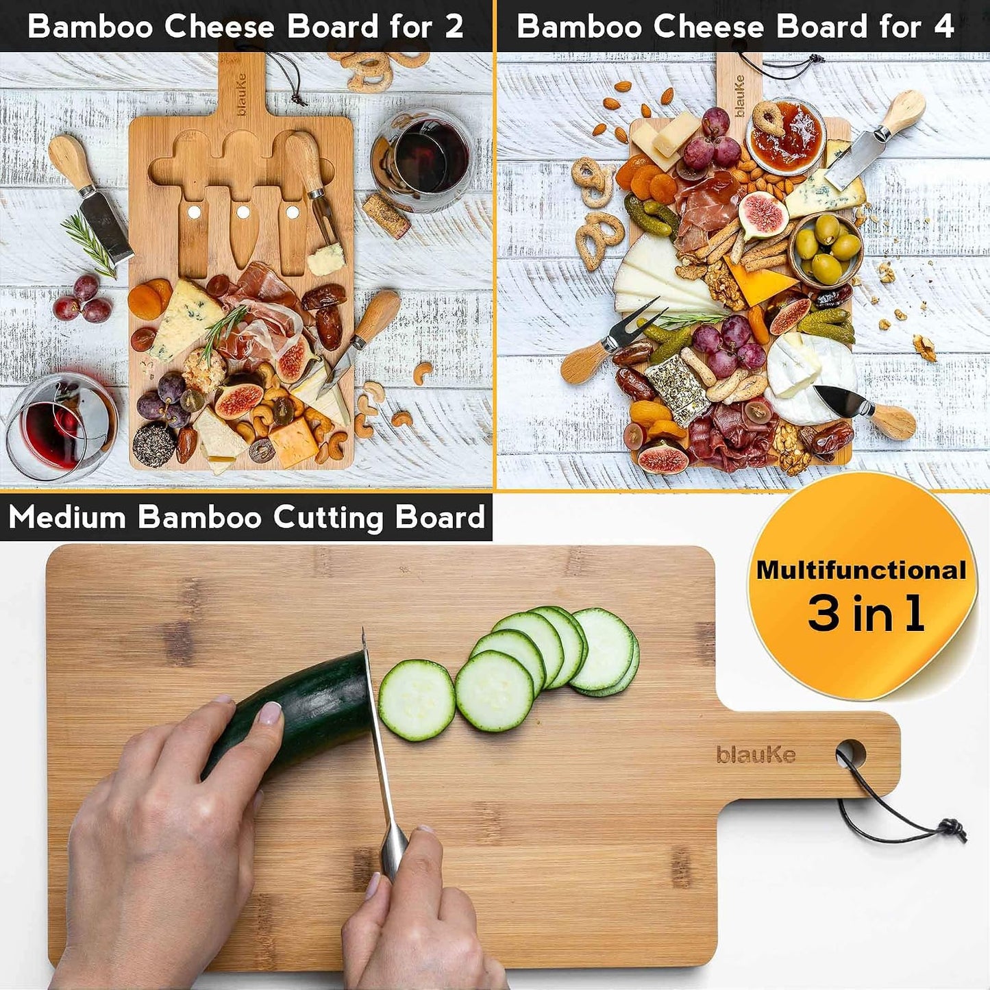Bamboo Cheese Board and Knife Set – 14 inch Round Charcuterie Board, Serving Tray, Platter, Wood Cheeseboard Set with Slide-Out Drawer – BlauKe®