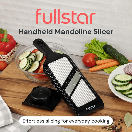 Fullstar 2-in-1 Handheld Mandoline Slicer for Kitchen - 4 Thickness Settings Vegetable Food Onion Slicer, Julienne Blade, Stainless Steel Guard, Easy to Use, Sharp Blades, Veggie Slicer & Fruit Cutter
