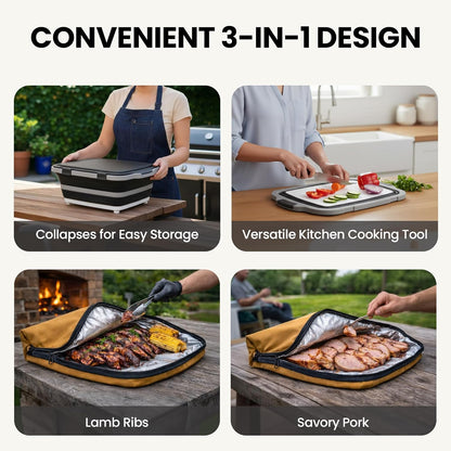 BBQ Prep Tub with BBQ Blanket, 16L Multifunctional Camping Cutting Board with Locking Lid, Reusable Meat Resting Bag for Smoking, Collapsible Dish Basin for Marinating Food (Large 16L)