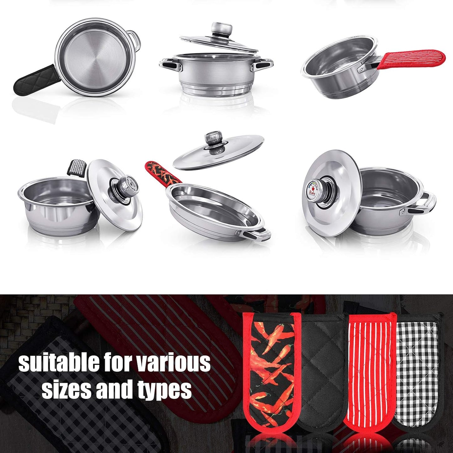 Geiserailie 8 Pcs Cast Iron Skillet Handle Cover Heat Resistant Pan Handle Sleeve Non Slip Pot Holders Machine Washable Handles Mitts for Kitchen Cooking Tools, 4 Styles(Retro Style)