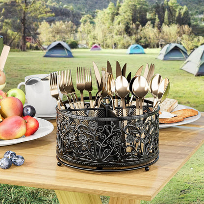 YIUKEA 360° Rotating Utensil Caddy - Silverware Cutlery Caddy Holder with 4 Compartment, Metal Flatware Organizer Countertop with Handle for Party Camping Picnic, Kitchen Counter, Office (Silver)