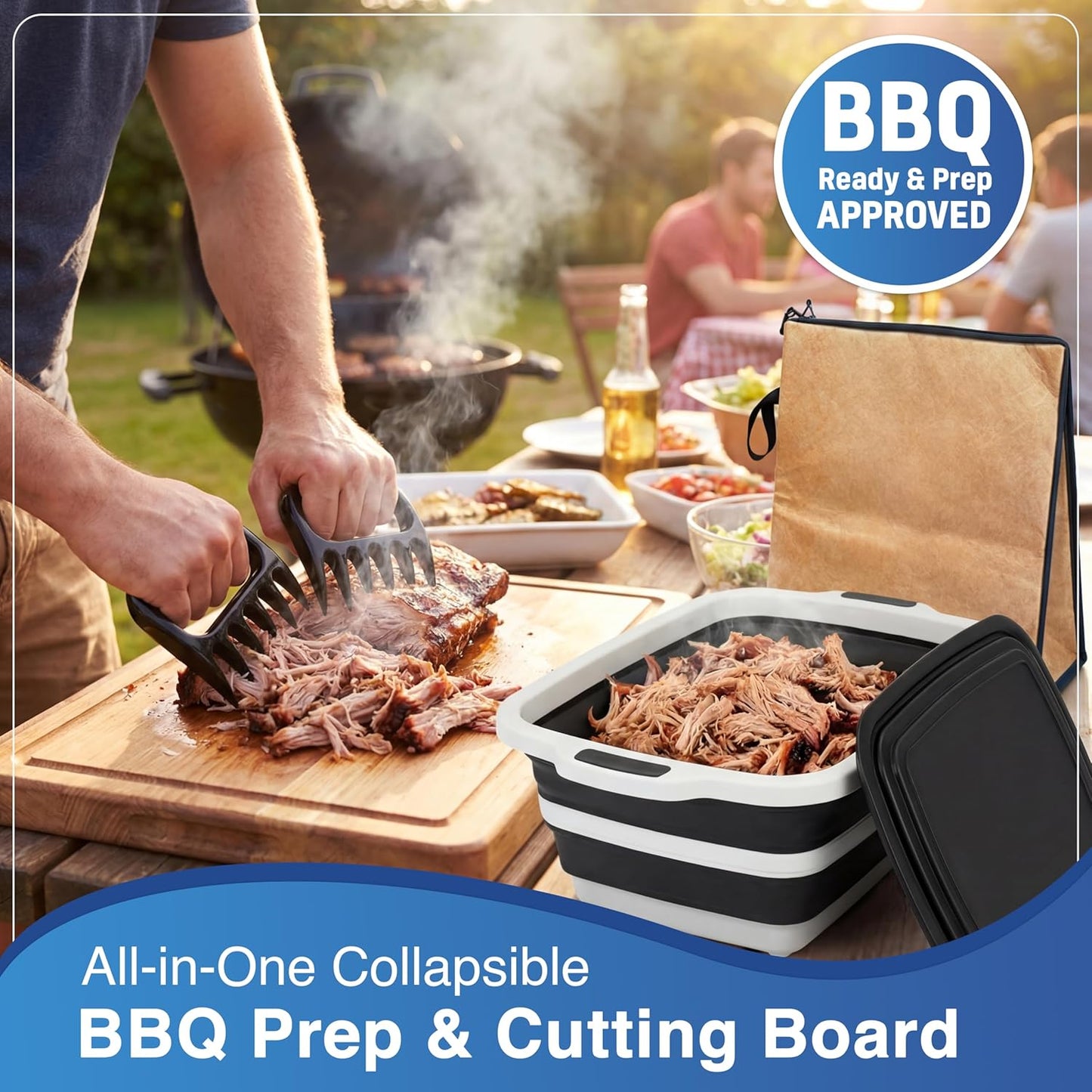 3pcs Barbecue Prep Tub, BBQ Blanket, Meat Shredder Claws | Collapsible 3 in 1 Cutting Board with Colander & Dish Basin, Insulated 21" Meat Resting Bag, Barbecue Grilling Accessories