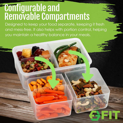 FIT Strong & Healthy 2 & 3 Compartment Glass Meal Prep Containers Glass Bento Box (4 Pack, 32 oz) & Bento Box Meal Prep Containers with Lids, Microwave, Freezer, Dishwasher Safe (3 Pack, 39 oz) Bundle