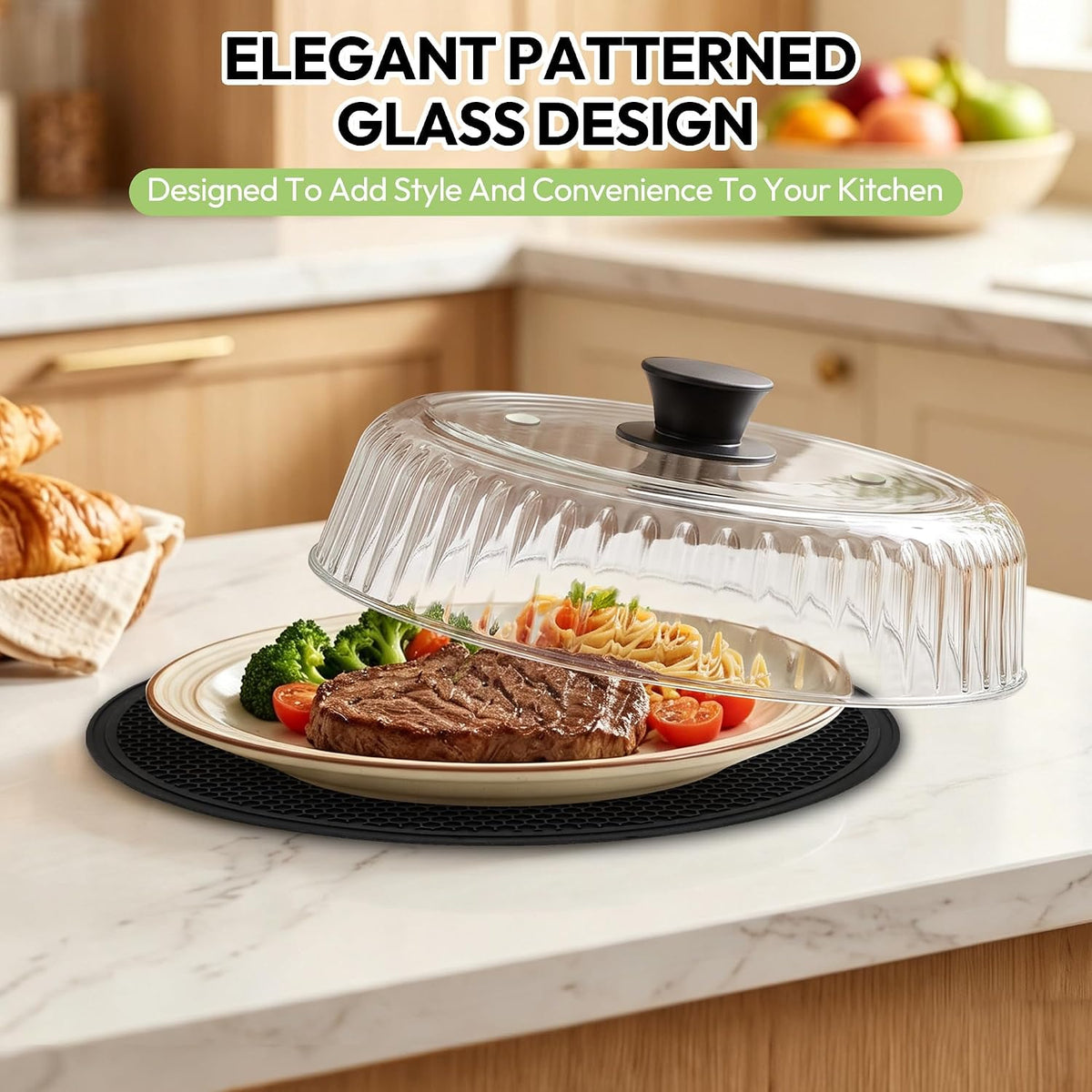 Glass Microwave Cover for Food, 10 Inch Heat Resistant Splatter Guard Lid with Silicone Mat & Vent Holes, Borosilicate Glass Dishwasher Safe, BPA-Free No Plastic